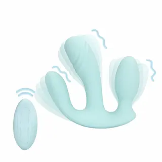 Shots Loveline Three-In-One Liquid Silicone Vibrator Breezy Blue, flexibilní vibrátor na bod G, klitoris i anál