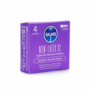 Skins Non-Latex XL Condoms 4 Pack, bezlatexové kondomy s nominální šířkou 60 mm