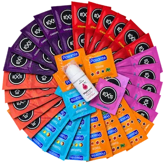 Sada ochucených kondomů – Tasty pack (72 ks) + SE malinový lubrikační gel 15 ml + silikonová pouta Handcuffs