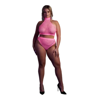 Roláček a kalhotky s vysokým pasem – Plus Size – Neonově růžová