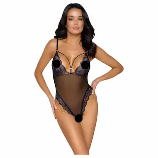 Cottelli – otevřené krajkové body s výšivkou – černofialové