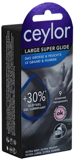 Ceylor Single: Large Super Glide, 9 extra wide condoms with 30% more cream lubricant