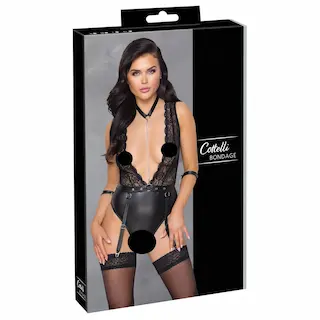 Cottelli Bondage – krajkový body s obojkem – černý