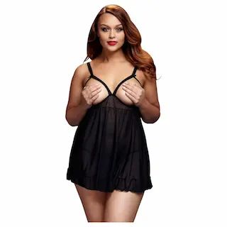BACI Plus Size – otevřený, puntíkovaný, černý babydoll (XL