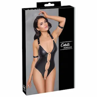 Cottelli Bondage – lesklé otevřené body s kroužky – černé
