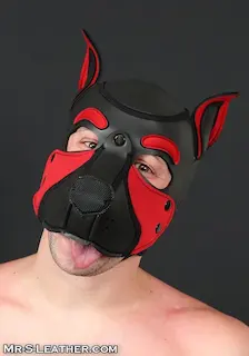 Psí maska Mr. S Leather Neoprene Frisky Pup Hood červená Large, neoprenová psí kukla pro puppy play
