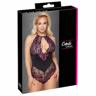 Cottelli Plus Size – krajkové body s květinovým vzorem – černá/fialová