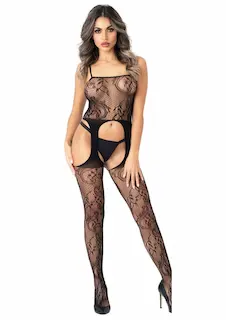 Daring Intimates Floral Suspender Bodystocking, síťované erotické bodystocking s otevřeným rozkrokem