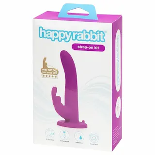 Happyrabbit Strap-On – králičí nasazovací vibrátor s raménkem na klitoris (fialový)