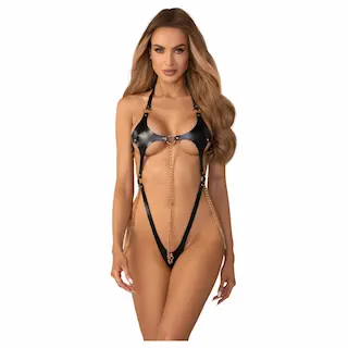 Obsessive Anyya – body s ramínky z imitace kůže s řetízky (černé)