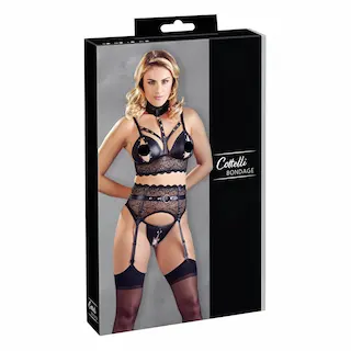 Cottelli Bondage – krajková sada erotického prádla s pouty (černá)