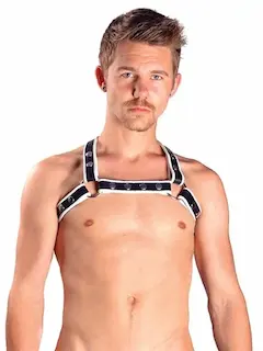 Kožený postroj Mister B X-Back Harness Premium bílý L/XL, pánský kožený harness
