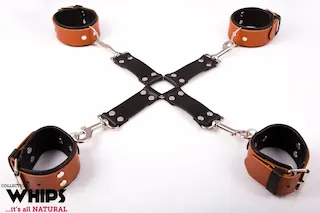 WHIPS Hog Tie for Her Cognac, hnědá pouta a kříž pro bondage