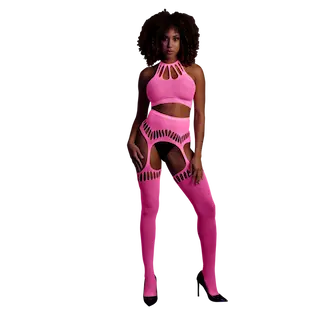 Ouch! by Shots Two Piece with Crop Top and Stockings – One Size – Neon Pink