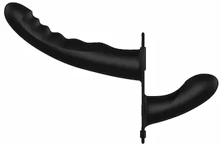 Dual Vibrating – Rechargeable – 10 Speed Silicone Ribbed Strap-On – Adjustable – Black