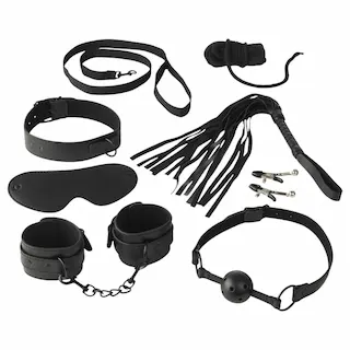 Baseks – sada na bondage s bičíkem a svorkami na bradavky (černá)