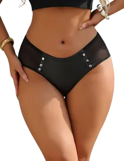 Black Sexy PU Leather Mesh Rivet Women Underwear L