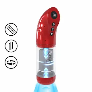 Shots Pumped StrokeMate Masturbator Pump Metallic Red, přirážecí, sací a rotační masturbátor 31,5 x 8,9 cm