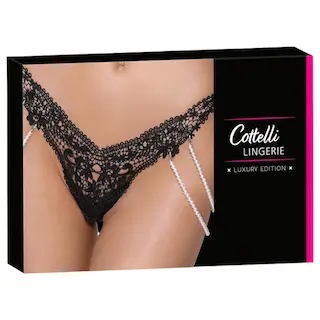Cottelli – luxusní, vyšívané perlové tanga (černé)