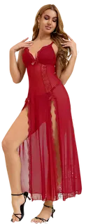 Red Sexy Mesh Lace Long Split Nightgown M
