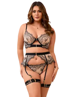 Black Sexy Mesh Embroidery Lace Garter Bra Set 2XL