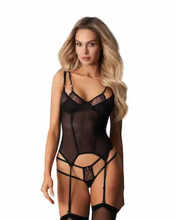 Korzet Obsessive Arrowel Black S/M, černý průhledný korzet s krajkou