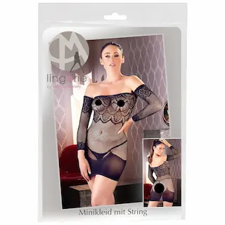 Mandy Mystery – síťované šaty s krajkou a tanga, černé (S