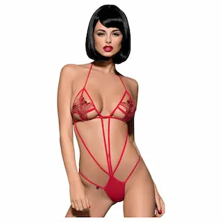 Obsessive Luiza – červené body s ramínky a tulipánovým vzorem