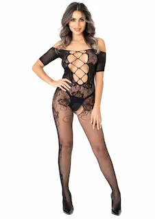 Daring Intimates Off Shoulder Bodystocking, síťované erotické bodystocking s otevřeným rozkrokem