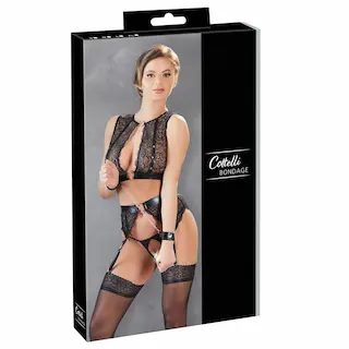 Cottelli Bondage – krajková souprava spodního prádla + pouta (4dílná sada)