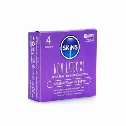 Skins Non-Latex XL Condoms 4 Pack, bezlatexové kondomy s nominální šířkou 60 mm