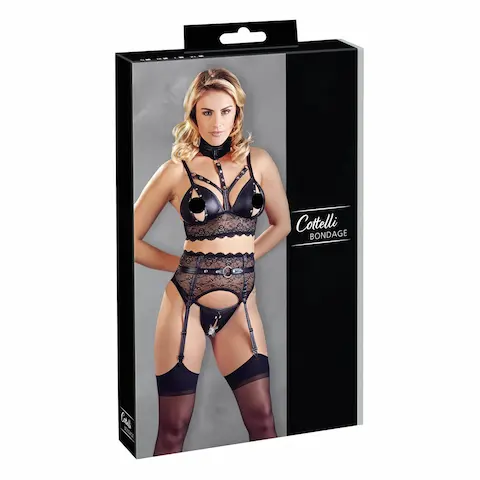Cottelli Bondage – krajková sada erotického prádla s pouty (černá)