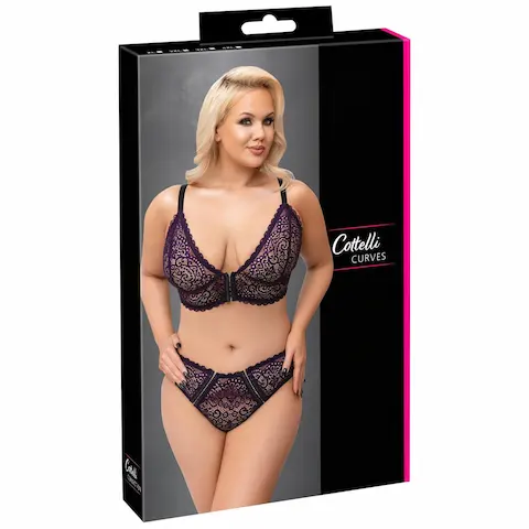 Cottelli Plus Size – průsvitný vzorovaný set podprsenky (fialový)