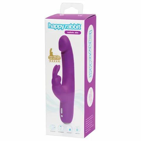 Happyrabbit – realistický vibrátor s klitorálním ramenem – dobíjecí, fialový