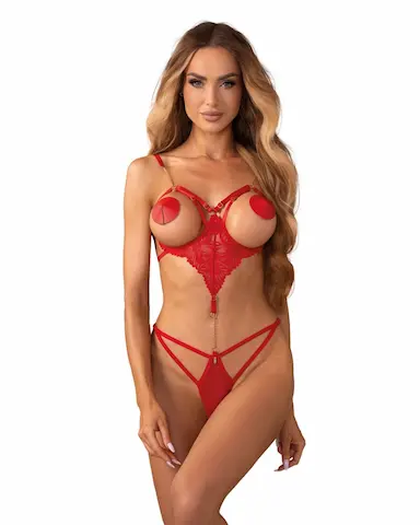 Erotické body Obsessive Matildea Teddy S/M, červené krajkové body s otevřeným rozkrokem