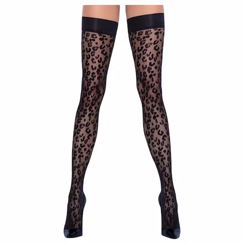 Cottelli Legwear – samodržící punčochy – leopardí vzor – černé