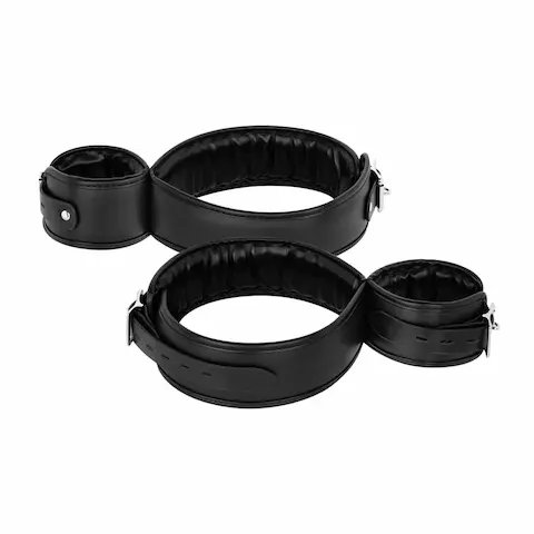 Bedroom Fantasies Thigh and Wrist Restraints, černá pouta z umělé kůže na stehna a zápěstí