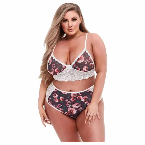 Baci Plus Size – květovaný, krajkový podprsenkový set