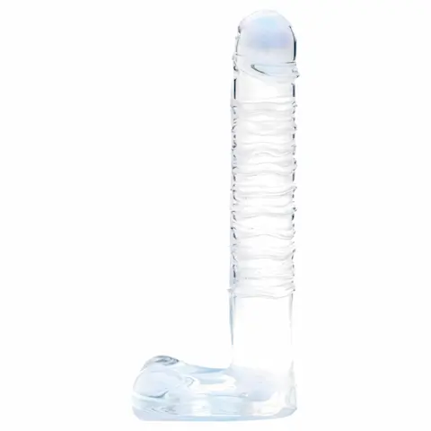 Clarity – skleněné dildo s varlaty – průhledné