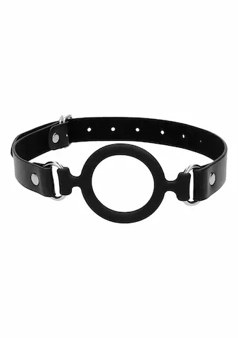 Shots Ouch! Silicone Ring Gag Black, černý roubík s koženým řemínkem
