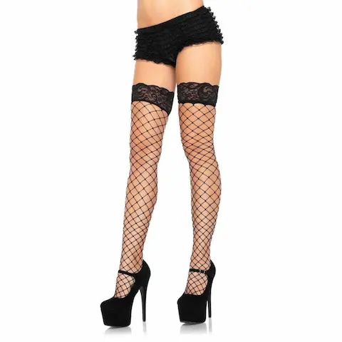 Leg Avenue Lace Top Fence Net Thigh Highs Black, černé punčochy s krajkovým lemem