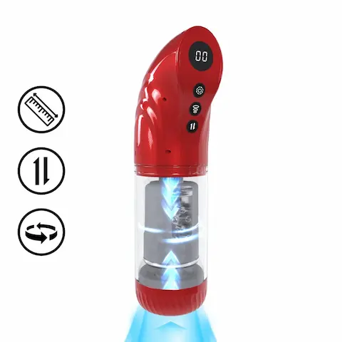 Shots Pumped StrokeMate Masturbator Pump Metallic Red, přirážecí, sací a rotační masturbátor 31,5 x 8,9 cm
