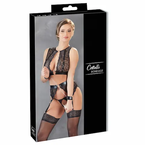 Cottelli Bondage – krajková souprava spodního prádla + pouta (4dílná sada)