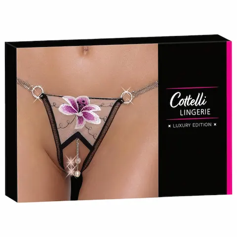 Cottelli – dámské tanga – luxusní s výšivkou lilie – černo-bílé
