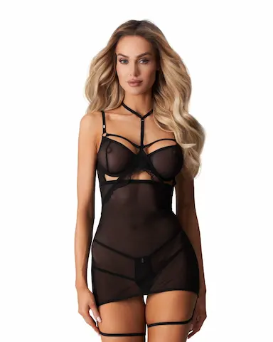 Košilka Obsessive Arrowel Black S/M, černá průsvitná košilka s krajkou