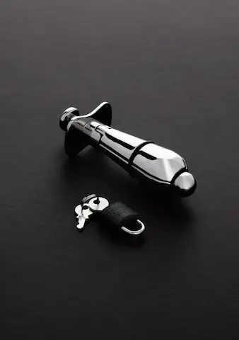 Slave4master Anal Slave Lock Down, ocelový anal lock 12,9 x 3,4–4,7 cm