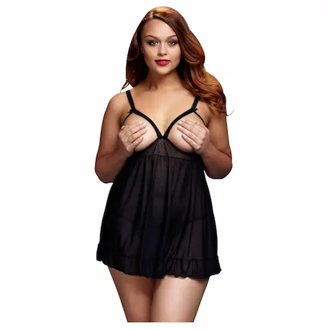 BACI Plus Size – otevřený, puntíkovaný, černý babydoll (XL
