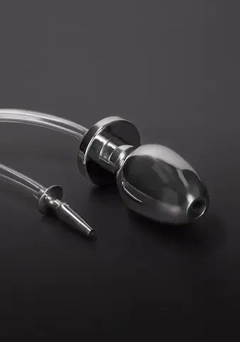 Slave4master Fire Hose Penis Plug with Buttplug, ocelový penis plug s kolíkem pro piss play