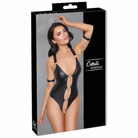 Cottelli Bondage – lesklé otevřené body s kroužky – černé