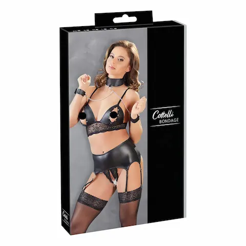 Cottelli Bondage – erotická krajková souprava prádla – lesklá, 4 díly